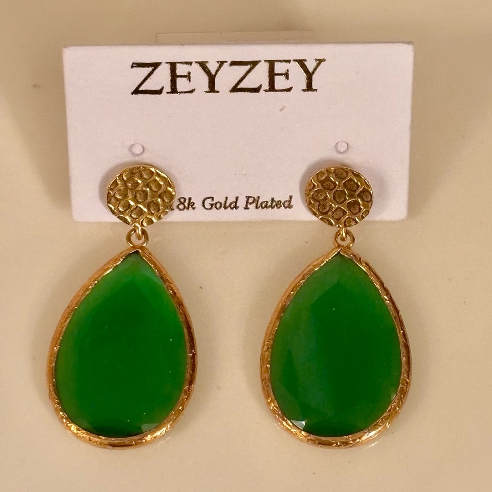 Green and 18K Gold Plated Teardrop Earrings